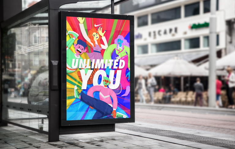 Campaña publicitaria donde la idea de un Unlimited You muestra que el crecimiento no tiene límites. Diseño grafico, ilustración