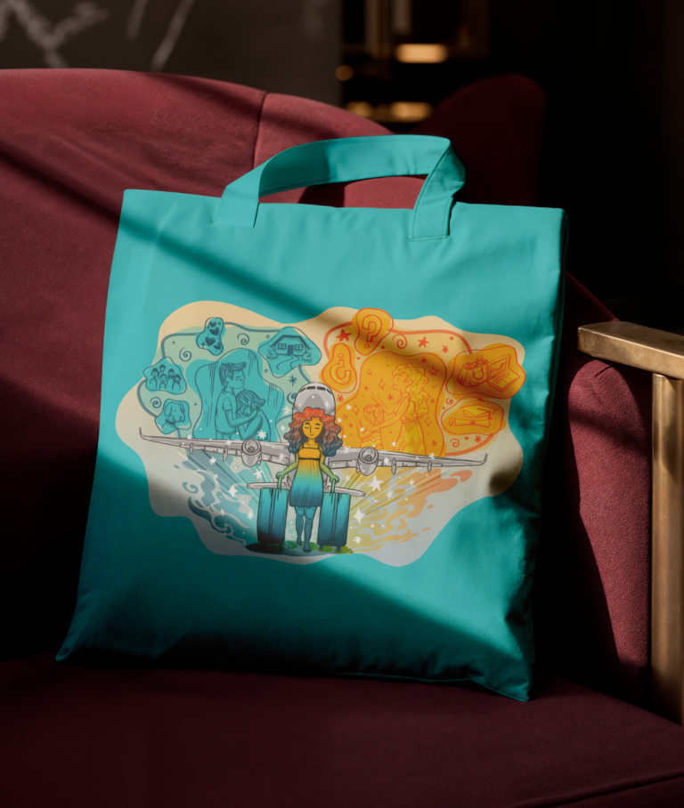 Ilustración vibrante y llamativa que expresa y trasmite la experiencia de migrar a otro país. Ilustración